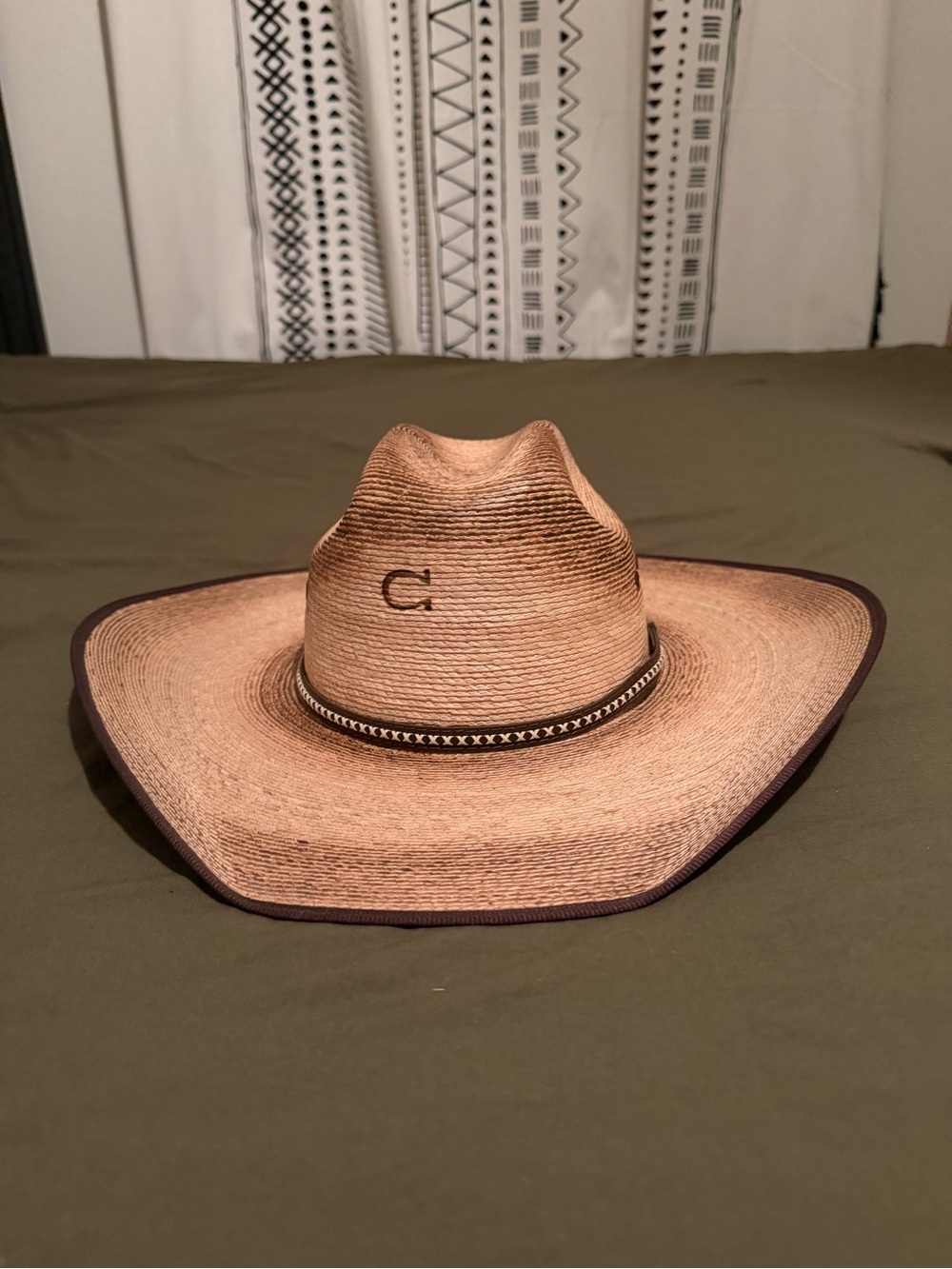 Charlie 1 Horse Stamped Straw Cowboy Hat in Natural with Dark Trim-size 7 1/8